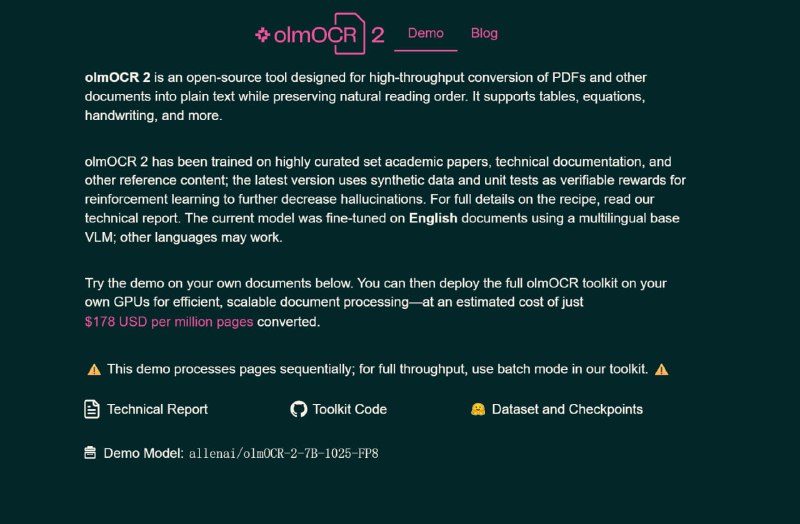olmOCR一款开源工具，能够高效地将 PDF 和其他文档转换为纯文本，支持表格、方程式和手写内容等