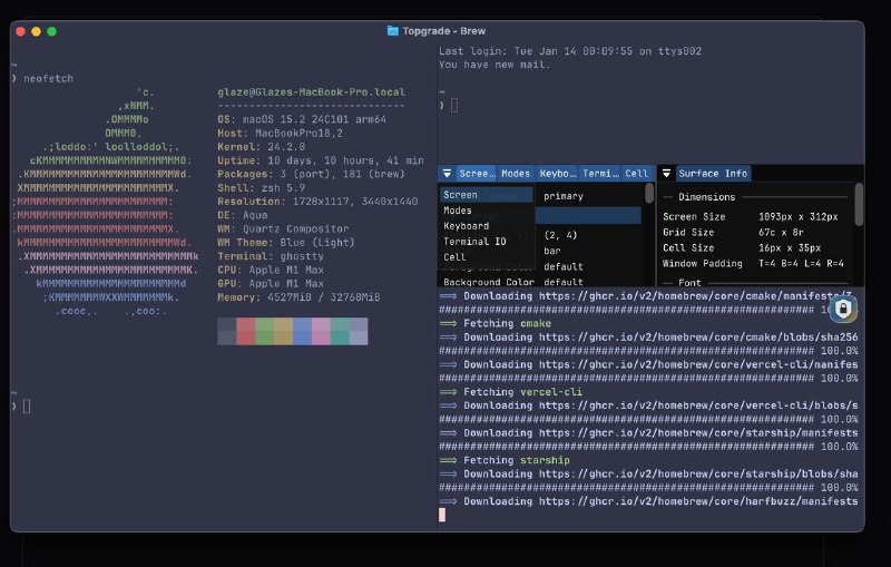 #App #GitHub情报 #Terminal🧑‍💻 Ghostty: 跨平台，多功能，高性能终端模拟器Github | 官网✨ Features- 上百个颜色主题- 配置文件更改字体，窗口，外观，快捷键等- 提供 API，方便开发者二次开发- 使用 macOS，Linux 原生组件- 命令行功能上支持 Kitty 图形协议、明暗模式通知、超链接等- 应用支持原生标签页、分屏、macOS 上的下拉终端，以及随系统明暗模式切换主题- 调试器- 高性能：使用 macOS Metal 渲染器，IO 读写比 iTerm Kitty 快 4x，比 Terminal.app 快 2x❓ 为什么 Ghostty?尽管市面上有许多优秀的终端模拟器，但它们都迫使你在速度、功能或原生界面之间做出选择