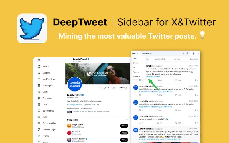 ▎DeepTweet|X&Twitter 侧边栏通过高级搜索、Tweet Time Machine 和 AI 重新定义您的 Twitter 浏览体验