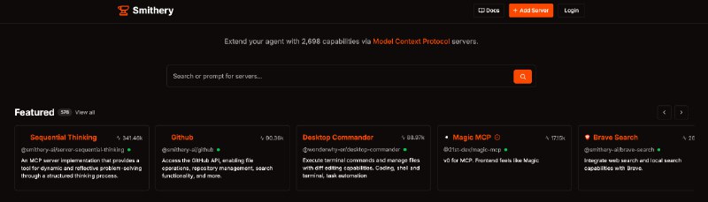 👉 名称：smithery.ai🤖 类型：🕸网站👏 介绍：一个集成了多种 Model Context Protocol (MCP) 服务器的平台，旨于通过 MCP 服务器扩展代理（AI）的功能，使其能够访问和管理大量工具和数据，从而提高决策和解决问题的能力：