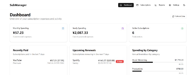 👉 名称：Subscription-Management🤖 类型：🎯项目👏 介绍：一个现代化的订阅管理系统，帮助用户轻松管理和追踪各种订阅服务的费用和续费情况：