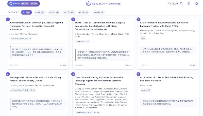 👉 名称：daily-arXiv-ai-enhanced🤖 类型：🕸网站👏 介绍：每天自动从 arXiv 抓取最新论文，并利用 AI 进行总结，同时通过 GitHub Pages 展示这些论文：