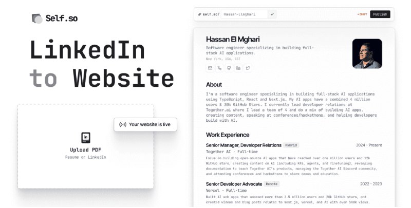 👉 名称：self.so🤖 类型：🕸网站👏 介绍：上传简历，基于 AI 大模型生成个人网站：