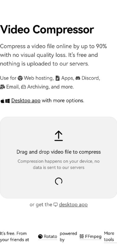 Rotato--视频压缩一种方便、安全的方法来压缩视频文件，压缩过程在用户设备上进行，不上传数据到服务器，确保隐私和安全
