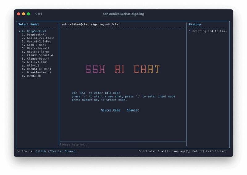 ▎SSH AI 聊天SSH AI 聊天工具上线！无需 GUI，纯终端交互，极简高效，黑客风十足