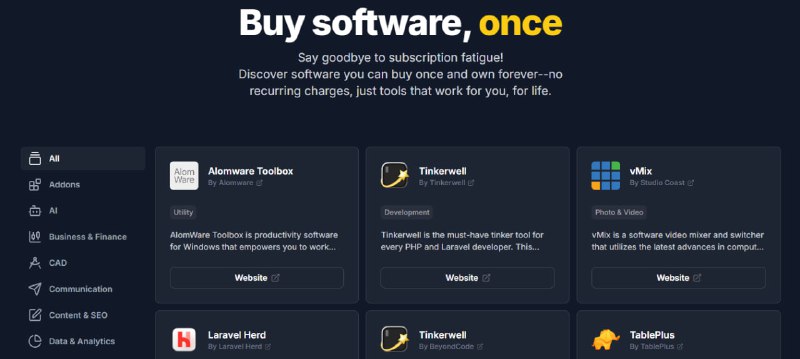Buy Once Software一个收集一次性付费软件的网站，几乎都是国外的，可以看一下，现在很多软件都采用了订阅制，虽然能理解开发不易，但每月付费的金额越来越多，还是很有压力的，所以，一次付费终身使用，反而变成现在追求的模式了