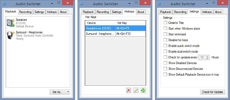 #音响 #耳机 #开源 Audio Switcher Windows 音频设备快速切换工具，特别适合既有音响也有耳机的情况，主要是操作特别便捷，点击托盘图标即可切换，支持为每个设备单独绑定快捷键，支持收藏常用设备，完全免费