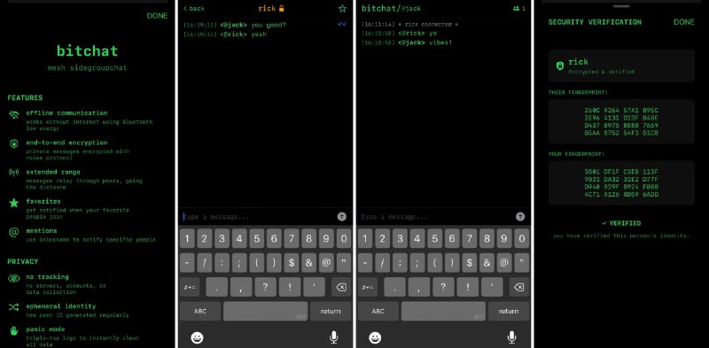 bitchat一个基于蓝牙的聊天应用，可在无网络的情况下实现短距离通讯，无服务器，无需账号，支持短信和小文件传输，可自动发现用户和自动重连，占用极少的系统资源，免费开源