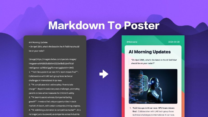 Markdown To Poster - Markdown 转海报图片Markdown 转海报图片一个可以将 Markdown 渲染为漂亮的社交媒体图片的开源工具，内置一个模板，支持模板扩展， 支持自定义主题，并且已内置 9 个主题， 支持复制为图像