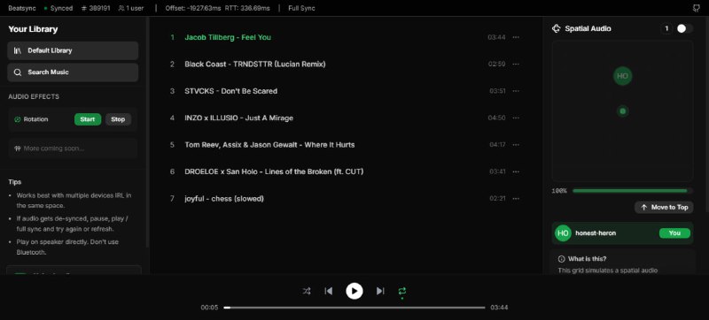 #同步 #一起听 #开源 Beatsync 多设备音频同步播放工具，采用 NTP 风格的时间同步机制，实现毫秒级音频同步，可创建房间或输入密码加入房间，适用于多人一起听歌和环绕音效等场景，有需要可自行部署，免费开源，无需注册