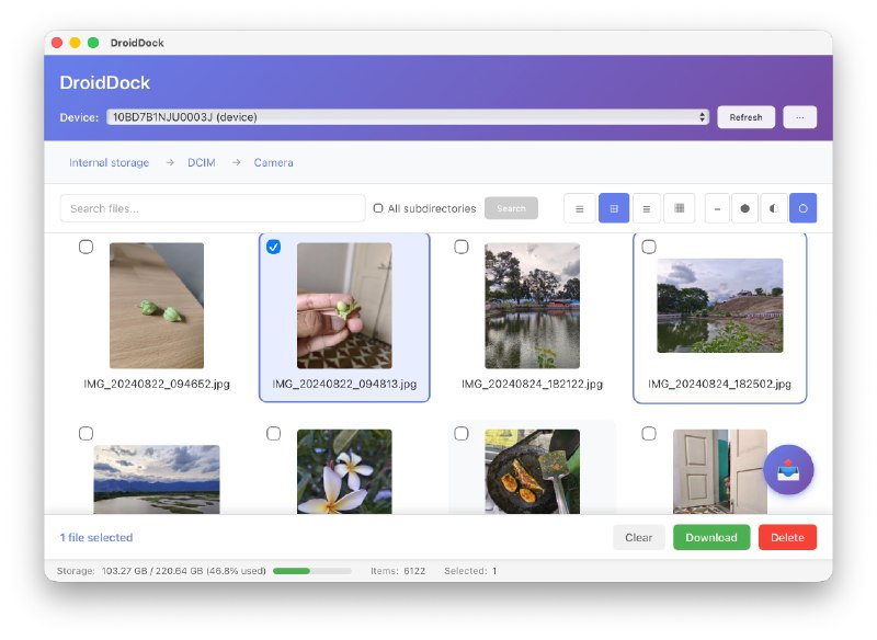 DroidDock - 在 macOS 上通过 ADB 浏览和管理 Android 设备的文件系统一款 macOS 工具，它可以通过 ADB 管理浏览 Android 设备文件系统，核心功能包括设备自动识别、文件浏览、多视图切换、文件搜索、上传下载、删除、多选操作，以及图片与视频的缩略图预览等