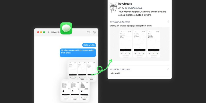 #Web #Tools🐦 Public.me：利用 iMessage 搭建你的微博客平台🔗：Web💬 Montaigne——一款利用 Apple Notes 搭建博客的工具——的开发者 Anton 最近发布了一款名为 public.me 的新产品，与 Montaigne 类似， public.me 同样依附于 Apple 生态软件产品，只不过这次是利用 iMessage 来搭建微博客（Microblog）平台，同时支持 RSS，整体操作也十分简单：1. 前往 public.me 官网完成 注册（所填写的电话号码需为 iMessage 号码） ；2. 在 Messages App 内向 [email protected] 发送消息；3. 所发送消息将自动发布到 public.me 平台，支持文字、图片、音频、视频