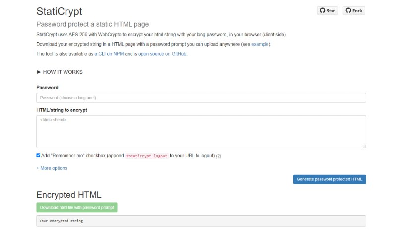#加密 #HTML #开源 StatiCrypt HTML 静态网页加密工具，基于 AES-256 算法与 WebCrypto 技术，对页面内容进行加密处理