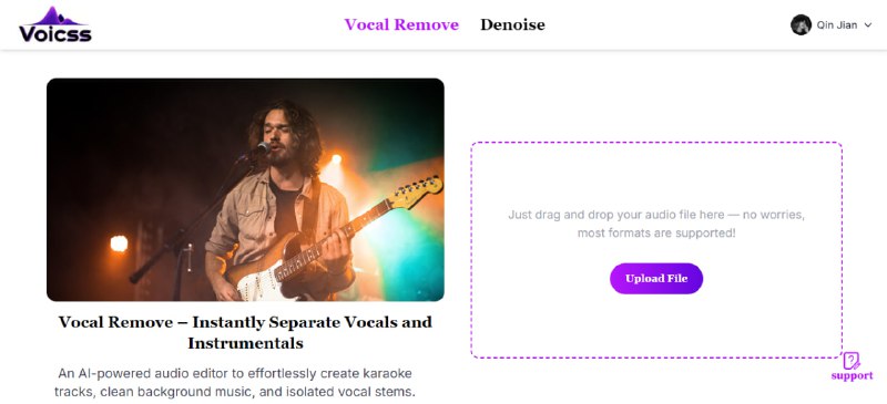 #人声分离 #降噪 #音频 Voicss 人声分离工具，可将音频中的人声和背景音乐进行分离，并可单独下载，支持 MP3、WAV、M4A、FLAC 等格式，亲测效果非常不错，可以用来制作伴奏或者其他音频创作，另还有音频降噪功能，完全免费，无需注册