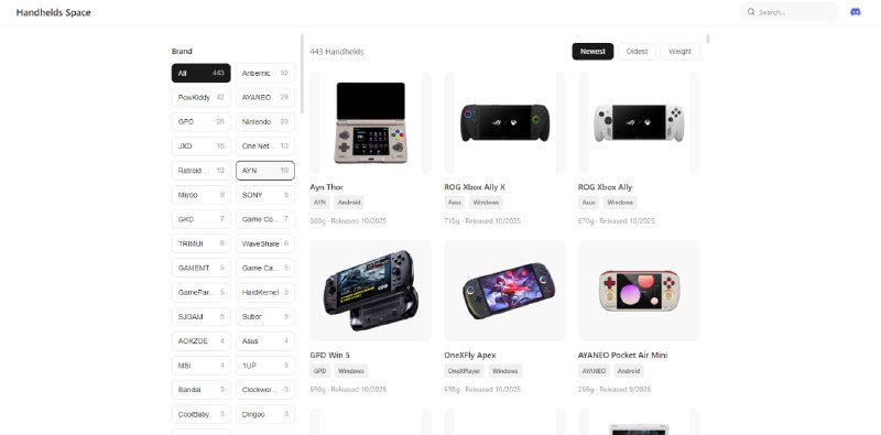 #掌机 #数据库 #百科 Handhelds Space 掌机规格数据库与对比平台，包括便携游戏机、PC 手持机、复古掌机等数百款设备，并提供品牌、发布日期、重量、操作系统、屏幕尺寸、分辨率、处理器、内存、电池等详尽规格，可通过品牌、重量、屏幕比例、操作系统等条件进行筛选搜索，想要比较不同掌机参数或者了解新机发布信息的都可以看看，完全免费，无需注册