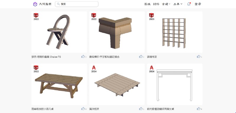 几何指南一个专注于木工设计与制造的线上平台，提供丰富的图纸下载，包括家具模型、榫卯结构、古建斗栱等，并配有材料大全，详细介绍实木、人造板木料的型号、性质及行情数据，还支持工具与五金件知识库，同时内置木料一站式定制服务，免费浏览，无需注册