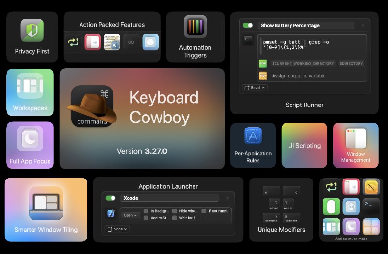 #macOS #工具 #自动化⌨ 键盘牛仔 - 一款自动化键盘工作流工具 ⬇️ 下载页面使用 Keyboard Cowboy，可以自动执行重复操作、启动应用程序和脚本、控制系统设置、操作文件和文件夹以及执行各种操作仅支持 macOS📮投稿    📢频道    💬群聊    🔎索引